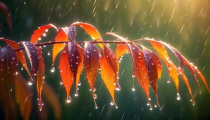 Wall Mural - Glistening water droplets on vibrant green leaves after a refreshing rainfall