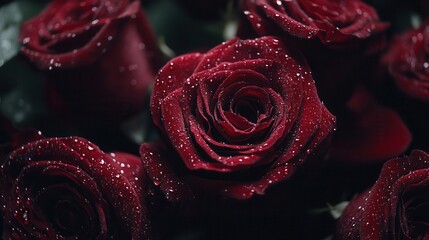Poster - This close-up showcases rich red roses glistening with delicate water droplets, highlighting their natural beauty after rain. Generative AI