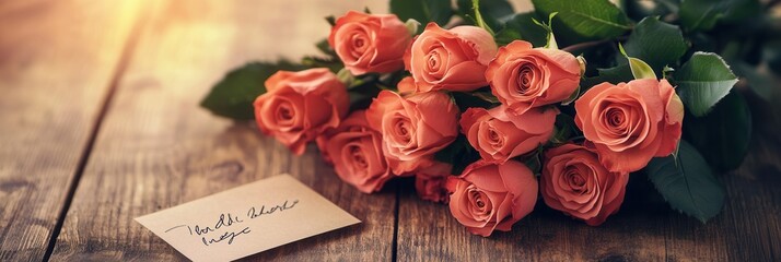 Aufkleber - Delicate pink roses arranged beautifully alongside a handwritten note on a rustic wooden table illuminated by soft afternoon light. Generative AI