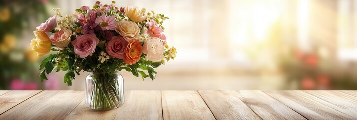 Aufkleber - A beautifully arranged bouquet of mixed flowers brightens up a light wooden table in a warm, sunlit room. Generative AI