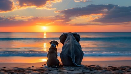 Wall Mural - Peaceful Sunset at the Beach featuring an Elephant and Dog in Unlikely Friendship, Tranquil Ocean View and Relaxing Animals, an Inspiring Wildlife Scene