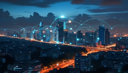 Wall Mural - Glowing Urban Nightscape Showcasing Cloud Computing Networks and Global Data Transfer With Advanced Digital Technology Infrastructure