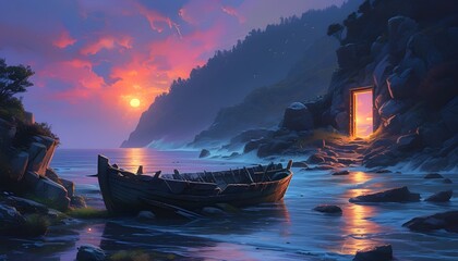 Wall Mural - Mystical Shoreline with Abandoned Boat and Illuminated Door at Dusk in an Enchanting Fantasy Landscape