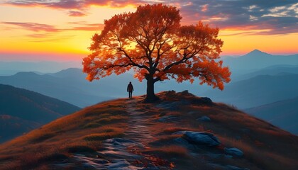 Solitary figure walking home beneath a majestic autumn tree on a mountain at sunset, surrounded by vibrant fall colors in a tranquil evening landscape