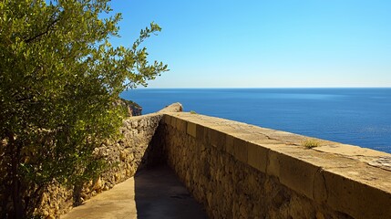 Canvas Print - Stone pathway overlooking a vast blue sea, with a lush tree on the left.