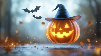 Wall Mural - A pumpkin with a witch's hat on top of it is surrounded by leaves and bats