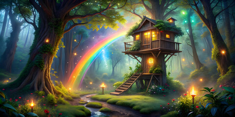 Enchanting treehouse in a magical forest with glowing lights, a rainbow