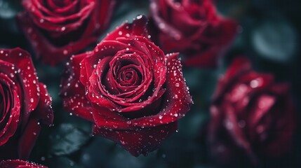 Aufkleber - This bouquet showcases deep red roses, each delicate petal glistening with water droplets, evoking a fresh morning ambiance. Generative AI