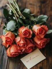 Aufkleber - A beautiful bouquet of roses sits atop a rustic wooden table, accompanied by a small handwritten note expressing love and appreciation. Generative AI