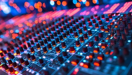 Illuminated mixing console bathed in blue and orange hues