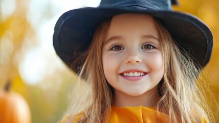 Canvas Print - A young girl wearing a black hat and orange costume is smiling