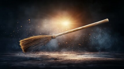 Canvas Print - A broomstick is flying through the air with a sun shining on it