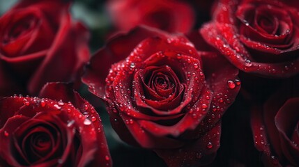 Aufkleber - The bouquet of deep red roses glistens with water droplets, showcasing their vibrant color and delicate texture in the morning light. Generative AI