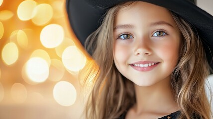 Canvas Print - A young girl with long brown hair is wearing a black hat and smiling