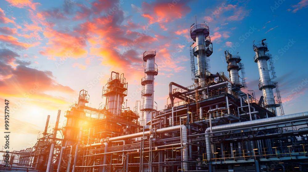 Illustrate a futuristic oil refinery where Distributed Control Systems ...