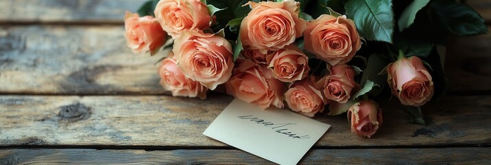 Aufkleber - A lovely bouquet of roses rests on a rustic wooden table, accompanied by a small handwritten note, adding a personal touch. Generative AI