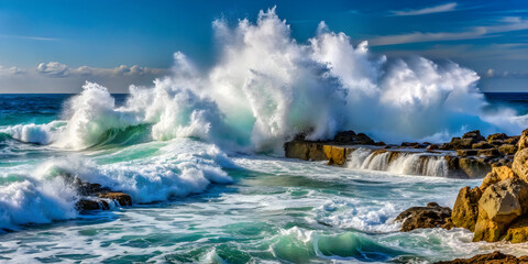 Fresh white waves crashing against a rocky shore, with a clean and invigorating aroma , ocean, waves, fresh, clean, white, refreshing