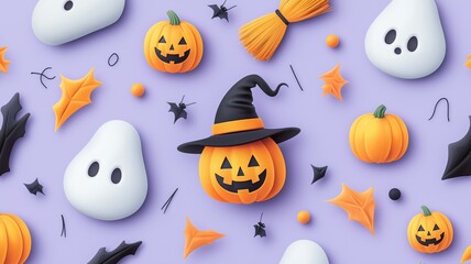 Wall Mural - A Halloween themed background with a pumpkin and a witch hat