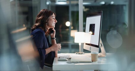 Leinwandbilder - Computer, night and woman with phone call, screen and communication for journalist in office and overtime. Dark, display and employee with information, bokeh and contact for story, reporter and talk