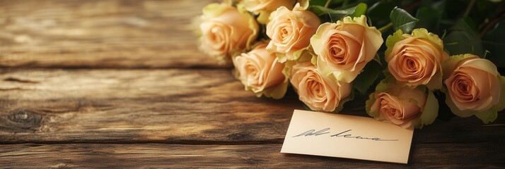 Aufkleber - Delicate roses adorn a rustic wooden table, their beauty enhanced by a small handwritten note expressing warmth and affection. Generative AI