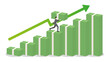 © kora_sun - A businessman holds banknotes, runs on stack of money bar chart with green graph up. Extend investment in Bull Economy, economic success, financial management, capital market performance, and profit