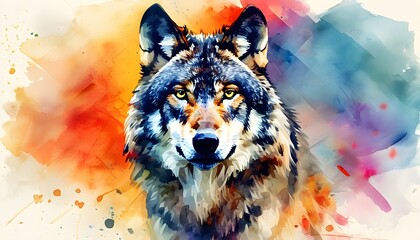 Wall Mural - Vibrant Wolf Portrait in Aquarelle Colors with Abstract Background Showcasing Artistic Expression and Wildlife Theme