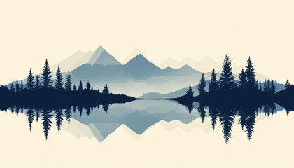 Simplistic illustrations of trees, mountains, and lakes with clean lines and muted colors for a calm, understated look