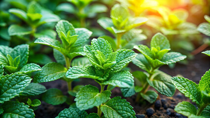 Fresh mint leaves growing in a lush garden , garden, nature, green, mint, leaves, plant, herbal, aromatic, organic, healthy