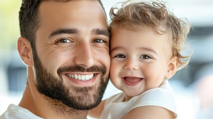 Wall Mural - A man and a baby are smiling at the camera