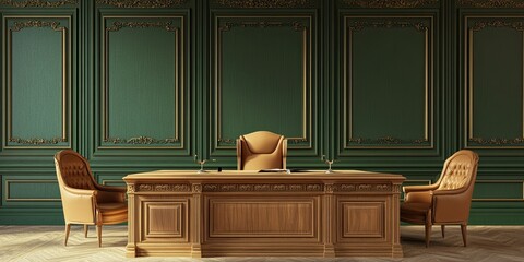 Wall Mural - set furniture oak wooden desk and chairs with classic carving in green room with wooden wall panels 