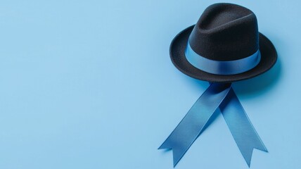 Sticker - A black hat with a blue ribbon on it is on a blue background