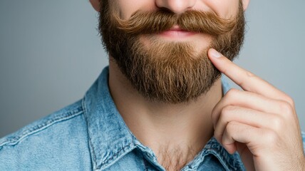 Sticker - A man with a beard and a blue shirt is pointing at his chin