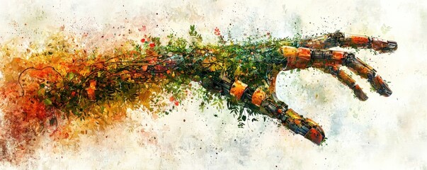 Poster - Bold Watercolor Painting of a Robotic Hand in Nature