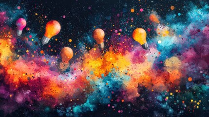 Wall Mural - Vibrant Watercolor Light Bulbs on Cosmic Background