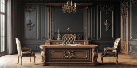 set furniture light brown oak wooden desk and chairs with classic carving in dark grey room with wooden curved wall and royal carving and elegant wooden floor 