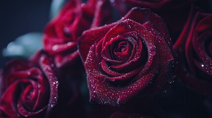 Aufkleber - Delicate petals of deep red roses glisten with fresh water droplets, creating a stunning floral display in the soft morning light. Generative AI