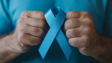 Wall Mural - A man is holding a blue ribbon in his hand