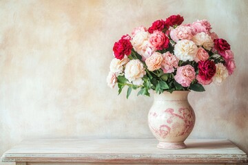 Aufkleber - A beautiful arrangement of roses and carnations fills a vintage ceramic vase, set on a charming antique wooden table. Generative AI