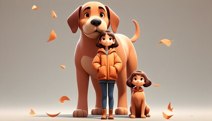 Poster - Playful 3D Cartoon Girl Posing with a Large, Friendly Dog