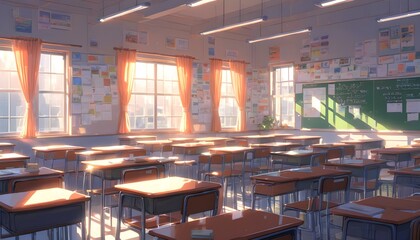 Wall Mural - Sunlit classroom with warm rays illuminating the space through a large window