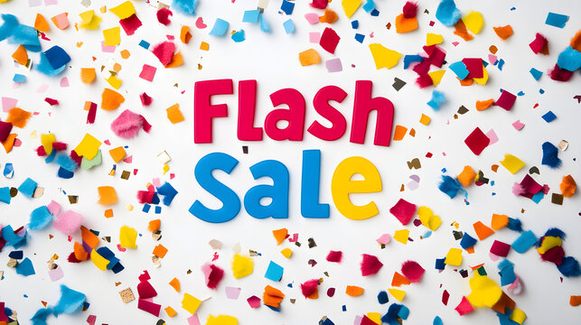 Bold Flash Sale text surrounded by colorful confetti, representing a celebratory sale