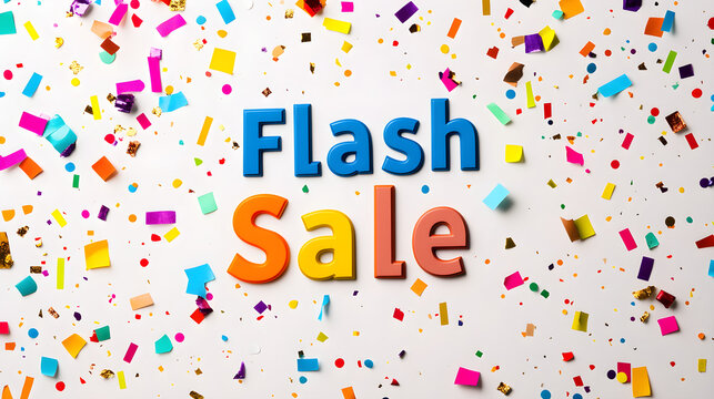 Bold Flash Sale text surrounded by colorful confetti, representing a celebratory sale