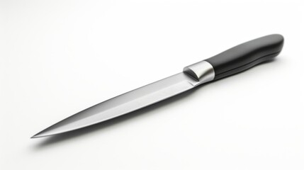 Sharp Kitchen Knife with Black Handle on White Background