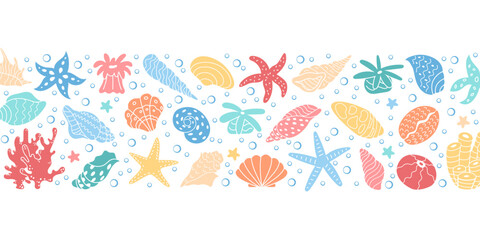 Illustrative underwater life set with corals and seashells. Marine-themed vibrant art featuring reef elements. Ocean pattern with bubbles and colorful marine creatures.