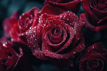 Aufkleber - Deep red roses display their beauty with delicate water droplets shimmering against the lush green backdrop, creating a stunning floral arrangement. Generative AI