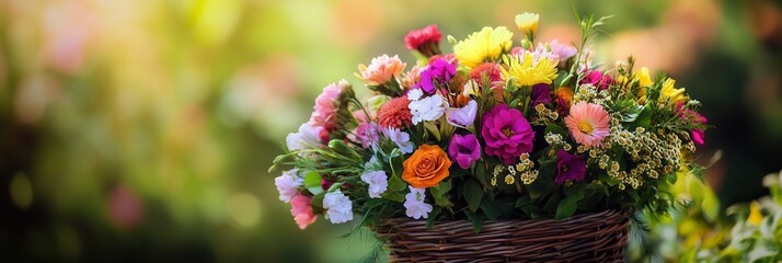 Aufkleber - A beautifully arranged wicker basket holds a mix of seasonal flowers, showcasing colors and textures in a natural outdoor setting. Generative AI