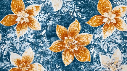 Wall Mural - Floral Pattern on Blue Fabric