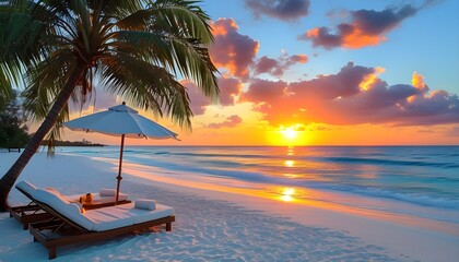 Tropical paradise beach with sunbeds and an umbrella under a palm tree at sunset, capturing the essence of summer vacation bliss