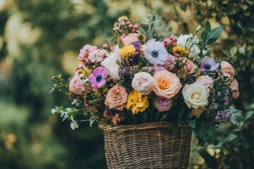 Aufkleber - A beautifully arranged wicker basket holds a mix of seasonal flowers, surrounded by a natural outdoor landscape filled with greenery. Generative AI