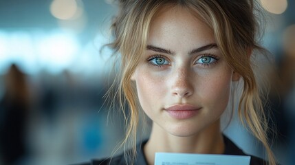 Poster - A close-up portrait of a beautiful woman with blue eyes and a soft smile. Her blonde hair is styled in a messy bun.